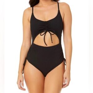 Salt + Cove Women's Black Olive Ruched One-Piece Swimsuit NWT
